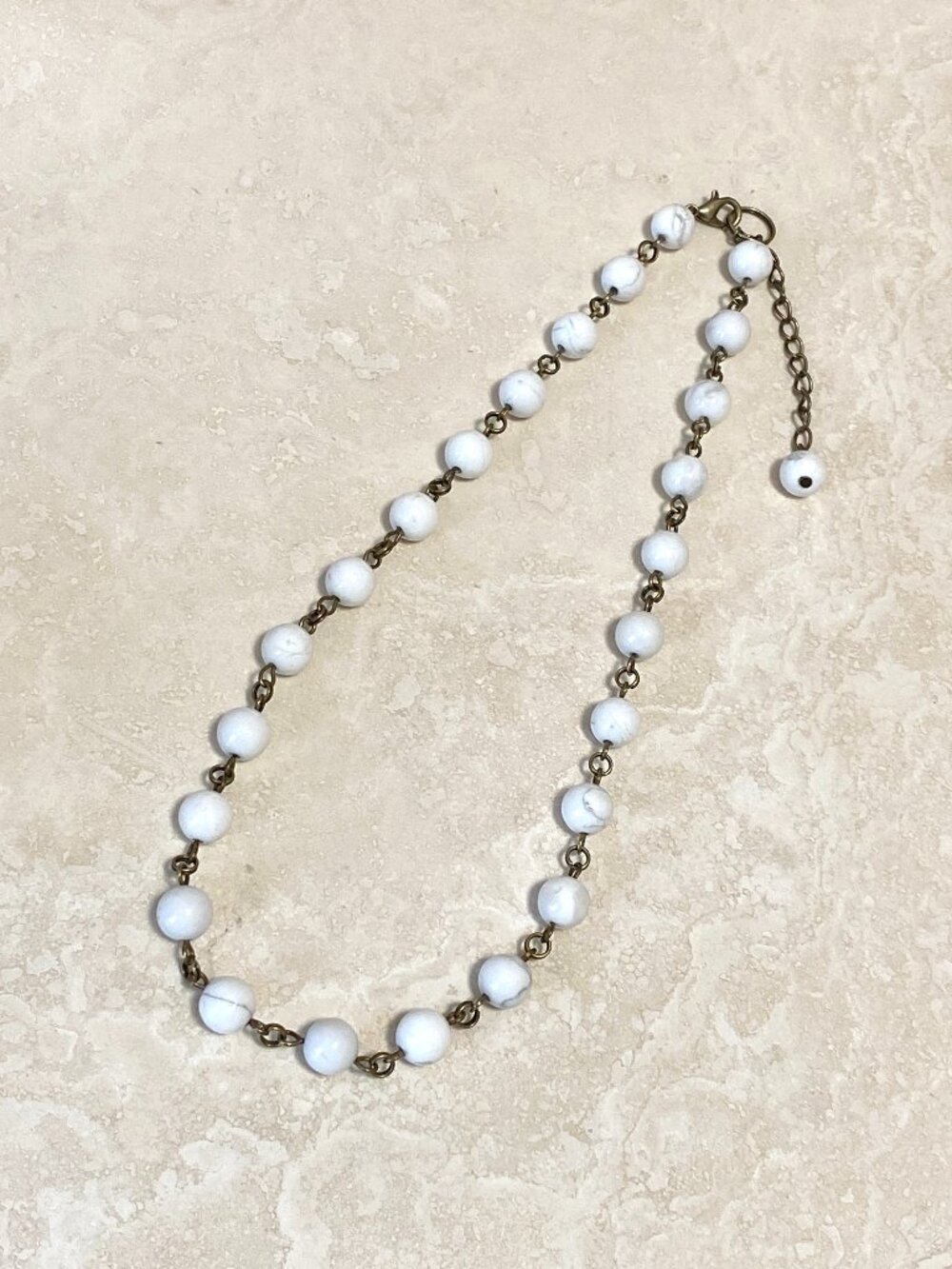 Genuine White Magnesite Short Necklace, Natural Gemstone & Bronze Links